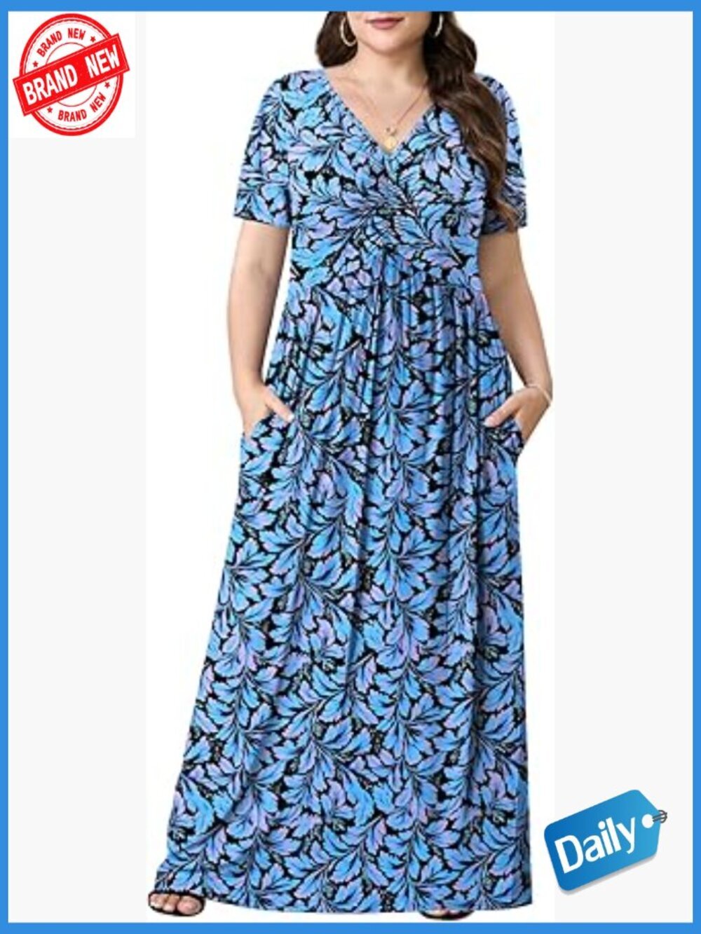 Plus Size Maxi Dress Summer Casual Short Sleeve Long Dress with Pockets 1X-5X